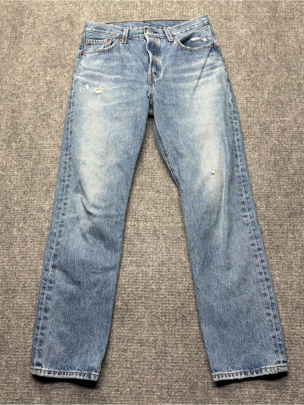 Levis Premium 501 Jeans Womens 28x30 Blue Straight Button Fly Big E Distressed